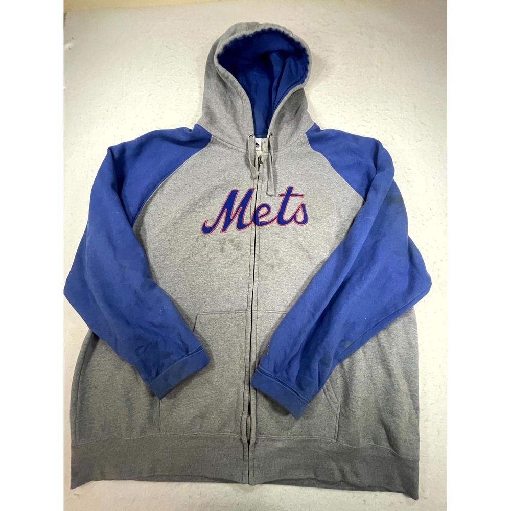 Vintage New York Mets Hoodie Mens XL Gray Majestic Baseball MLB Raglan Sleeve